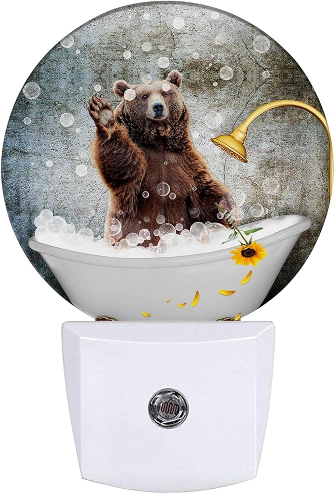 Brown Bear Bathing Night Light LED Lamp Round Plug into Wall Nightlight with Dusk to Dawn Sensor Home Hallway Stairway Kitchen Decor