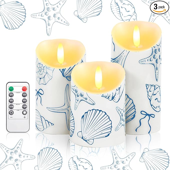 3 Pcs Blue Bow Starfish and Seashell Candles Operated LED Ocean Coastal Nautical Bow Starfish Seashell Printed Faux Candle for Under The Sea Summer Birthday Wedding Party Decor