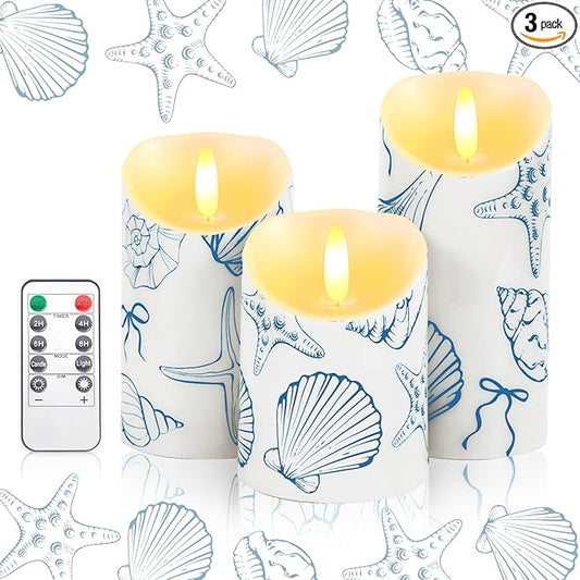 3 Pcs Blue Bow Starfish and Seashell Candles Operated LED Ocean Coastal Nautical Bow Starfish Seashell Printed Faux Candle for Under The Sea Summer Birthday Wedding Party Decor
