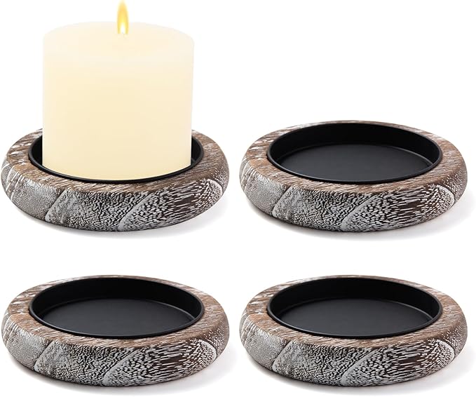 Hatway Wood Candle Holder Farmhouse Decor Wooden Pillar Candles Tray for Table Centerpiece Small Decorative Tray Riser Round Wooden Plate Pedestal Stand for Coffee Table for Christmas Decor-Bai-4