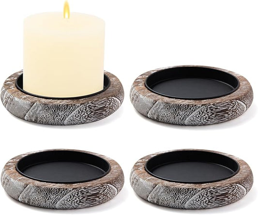 Hatway Wood Candle Holder Farmhouse Decor Wooden Pillar Candles Tray for Table Centerpiece Small Decorative Tray Riser Round Wooden Plate Pedestal Stand for Coffee Table for Christmas Decor-Bai-4