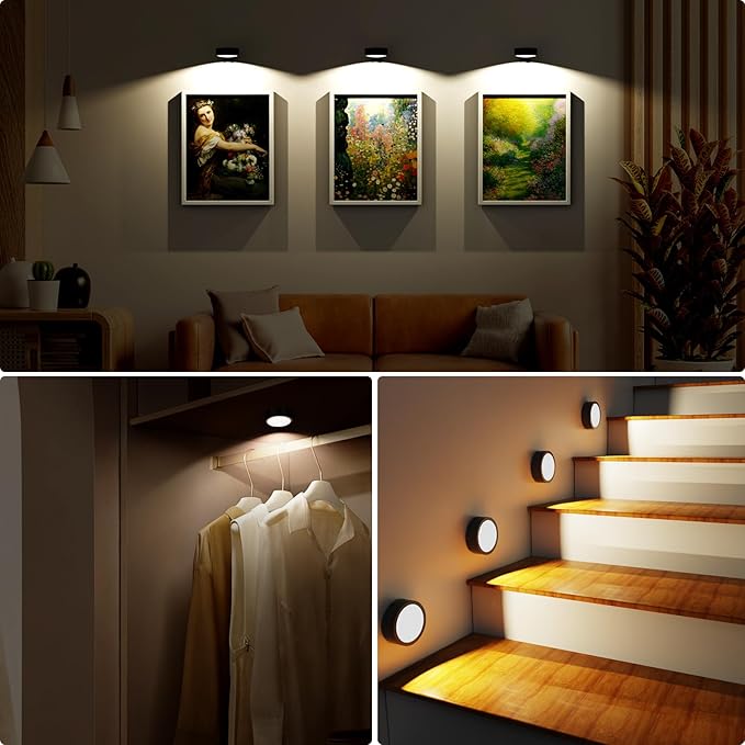 3 Pack Picture Lights for Wall, 13 RGB Color Rechargeable Battery Operated wall lights, Picture Frame lights with 3 Lighting Modes, Wireless Magnetic Painting Light with Remote Control Timer, (Black)