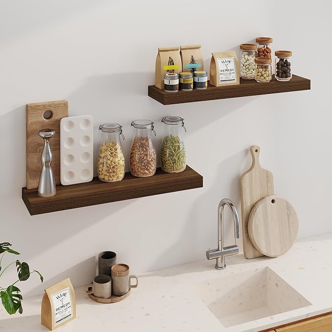 Fun Memories Floating Shelves for Wall, 32Inch Floating Shelves Set of 2, Hanging Shelf with Invisible Brackets, Wood Shelves for Living Room, Bedroom, Kitchen, Walnut