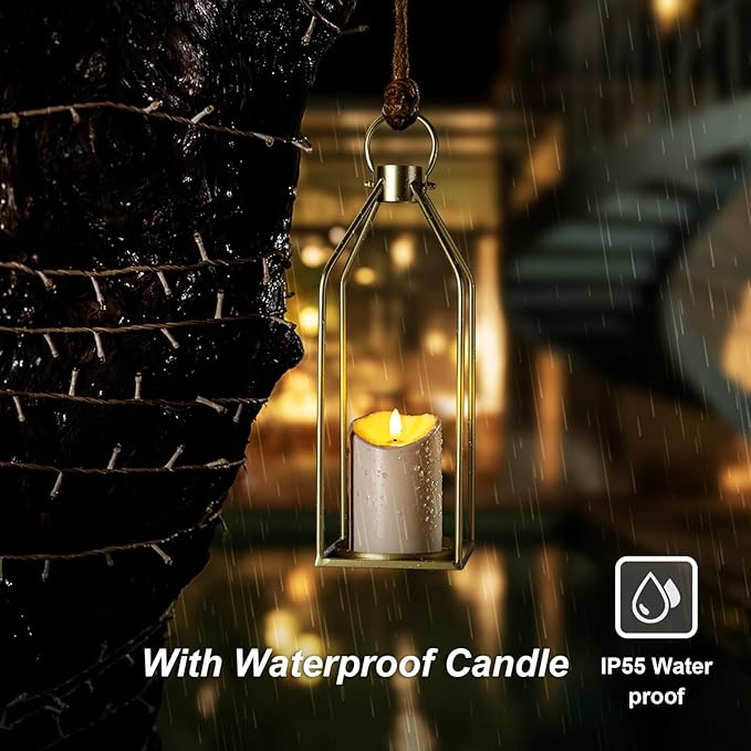 Homemory Modern Farmhouse Lantern Decor with Waterproof Flameless Candle & Remote Timer, 2PCS Gold Metal Candle Lantern Decorative for Outdoor Indoor Home Living Room Patio Porch Table (Gold)