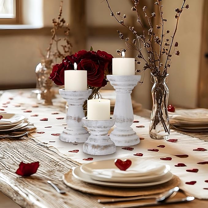Candle Holder for Pillar Candle Set of 3, Farmhouse Wood Candle Holder, Rustic Wooden Candle Stand, Decorative Wood Candlestick Holders for Living Room, Table Centerpiece (RusticWhite)