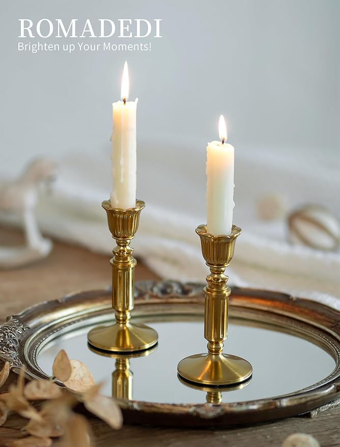 Gold Candle Holders Vintage Decor - Romadedi Solid Brass Candlestick Taper Holder for Wedding Christmas Table Centerpiece Mantel Home Decoration 5.5 Inch Set of 6