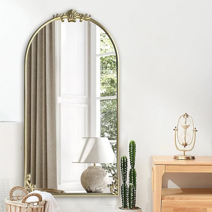 POZINO Gold Arched Mirror, 22"x47" Ornate Carved Mirrors, Vintage Arch Mirror with Metal Frame, Large Elegant Decorative Mirrors for Living Room Mantel Bathroom Bedroom Entryway