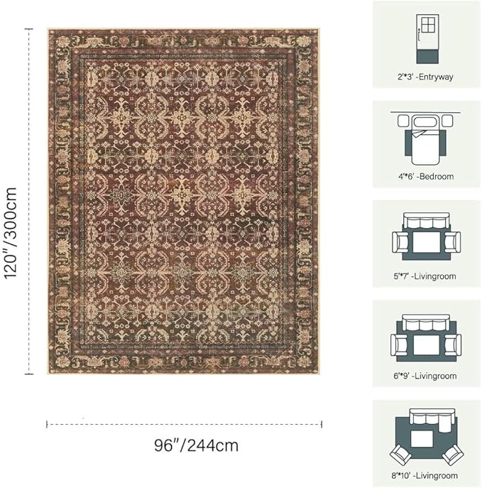 Rugxara 8x10 Area Rugs for Living Room Bedroom, Large Washable Christmas Rug, Vintage Oriental Boho Rug, Non Slip & Low Pile Faux Wool Thin Carpet for Indoor Dining Room and Kids Room(Red 8x10ft)