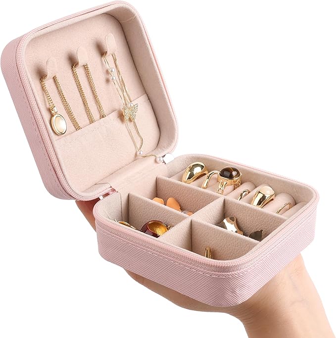 OceeK Travel Jewelry Case, PU Leather Small Jewelry Box,Portable Travel Jewelry Organizer Storage Case,Pink,1 Pack