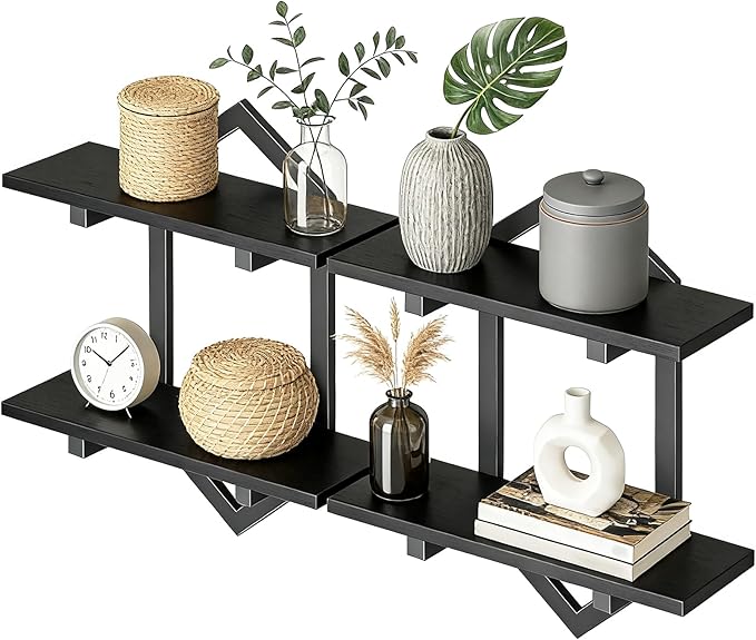 HOOBRO Floating Shelves, 15 Inch Wall Shelf Set of 2, Wall Mounted Storage Shelves 2-Tier, Hanging Bathroom Shelves, for Living Room, Bedroom, Bathroom, Kitchen, Black BB13BJP201