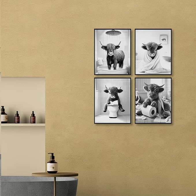 Western Cow Bathroom Decor Wall Art,Funny Highland Cow Wall Art in Restroom,Black and White Wall Decor,Highland Cow Canvas Art Prints,Rustic Retro Bathroom Wall Decor Humor Animals Artwork Prints,8x10inchx4pcs,Unframed