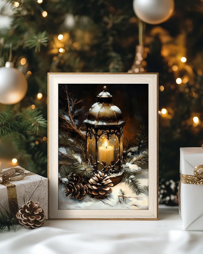 VIYYIEA Winter Framed Wall Art for Living Room, Oil Lamp Canvas Prints, Oil Painting Home Decor, Christmas Picture, Bathroom Wall Decor Gifts for Friends or Family - 16L x 12W