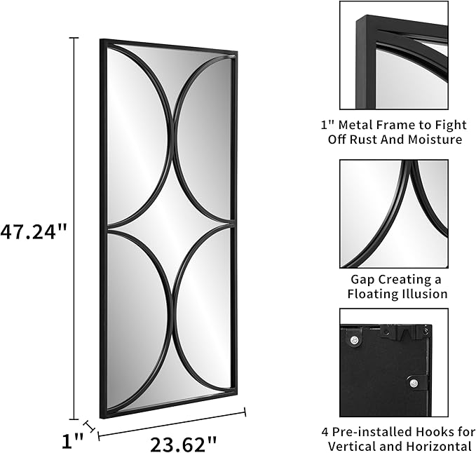 SHYFOY Black Metal Frame Wall Mirror, 47 x 24 Horizontal Rectangle Wall Mirror, Modern Geometric Accent Mirror for Living Room and Entryway