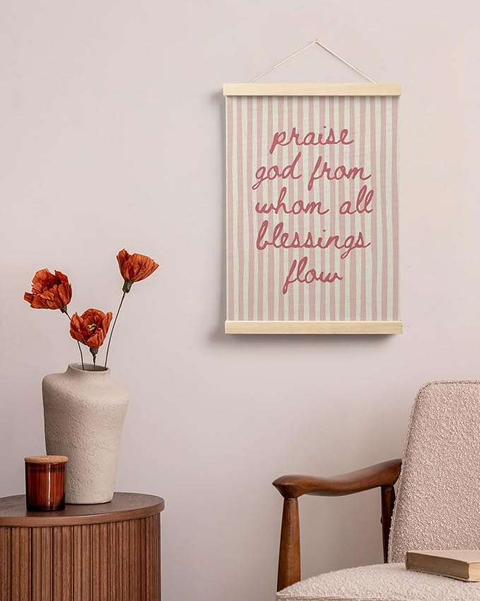 FGFK Trendy Pink Christian Wall Art Poster Hanger Frame, Trendy Striped Praise God From Whom All Blessing Flow Bible Verse Scripture Canvas Prints Framed Wall Decor for Room Home Dorm, 12x16 Inch