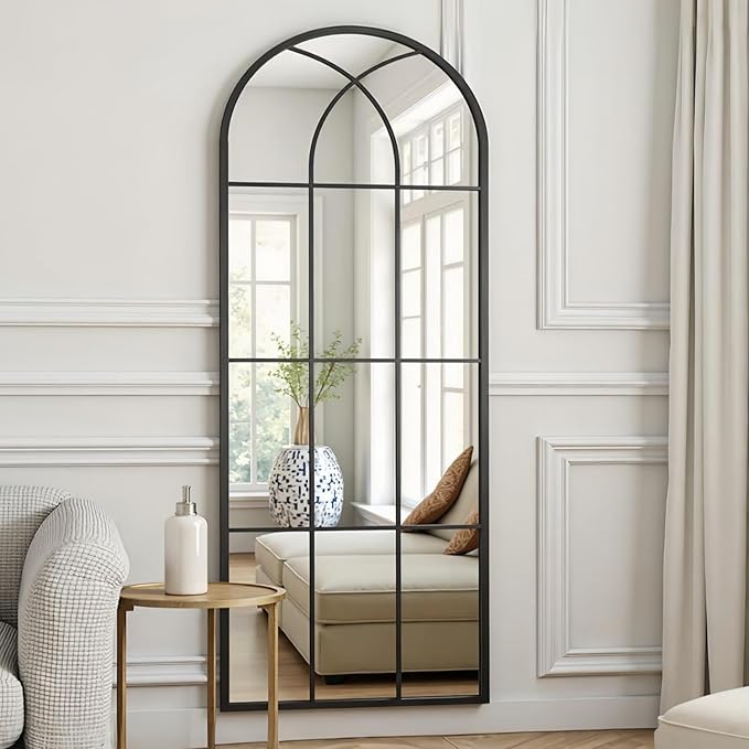 Rowjut Black Full Length & Floor Mirror 71" x 32" Window/Wall Decorative Mirrors, Iron Framed Window Pane Mirror, Arched Top Wall Mirror for Entryway Living Room, Bedroom, Fireplace (Black)
