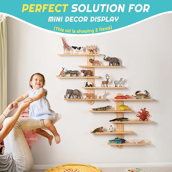 Wooden Floating Shelves for Wall, Small Wood Display Shelves Rack for Collectibles-Figures, Mini Decor, Toy, Toniebox - 16 inches Sliding Trinket Shelf with 2 Types of Installation