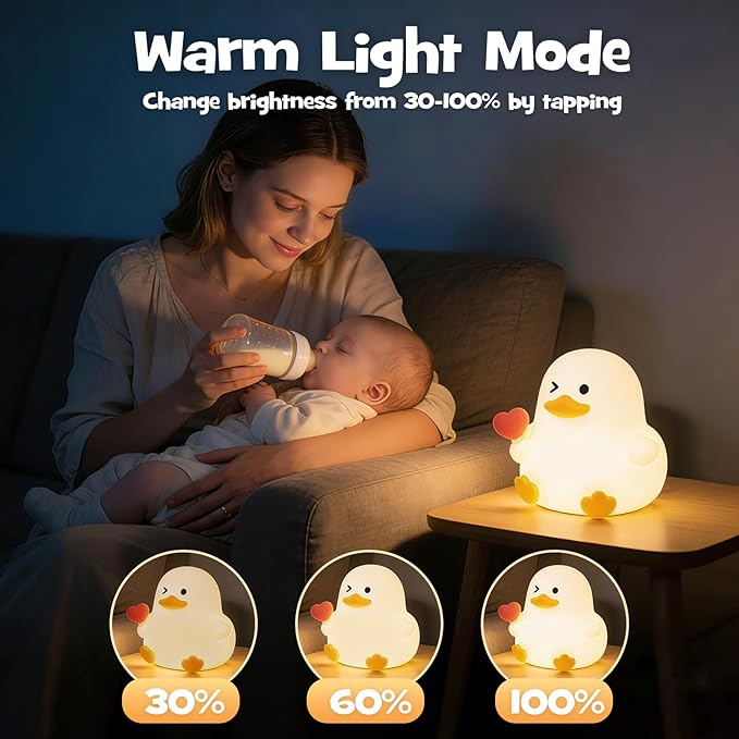 Duck Night Light Squishy Silicone Nursery Breastfeeding Nightlight with Timer 3-Level Warm White & RGB Color Modes Cute Duck Lamp Rechargeable Touch Bedside Desk Animal Lamp for Bedroom Dorm Decor