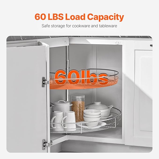 VEVOR 31.5" Kidney Shaped Chrome Corner Organizer, 360° Rotatble Kitchen Base Cabinet Blind Corner, 2 Tier Height Adjustable Storage Rack, Carbon Steel Lazy Susan Replacement Shelf for Cabinet Corner