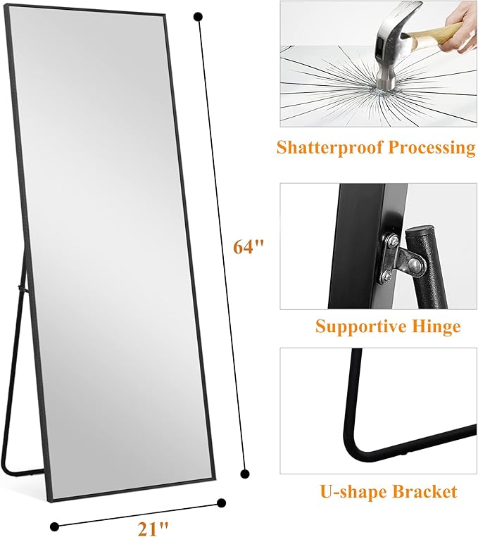NeuType Full Length Mirror, 64"x21" Body Mirror with Stand Floor Standing Wall-Mounted Hanging or Leaning Against Wall Aluminum Alloy Thin Frame (Black)