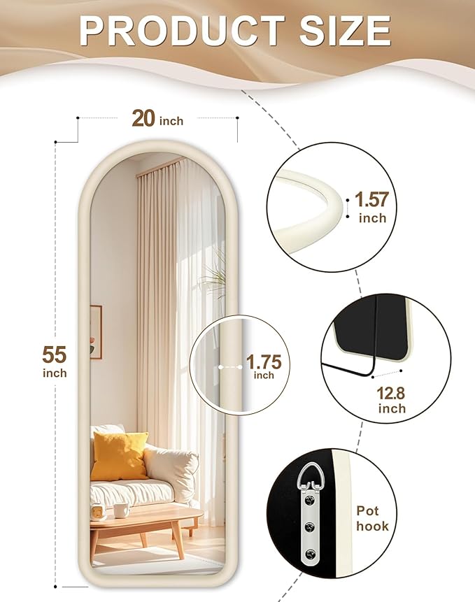 Delma Arched Full Length Mirror, Free Standing Floor Velvet Finish Frame Mirror for Leaning or Hanging, Soft Touch Bedroom & Living Room Decor, Cream White
