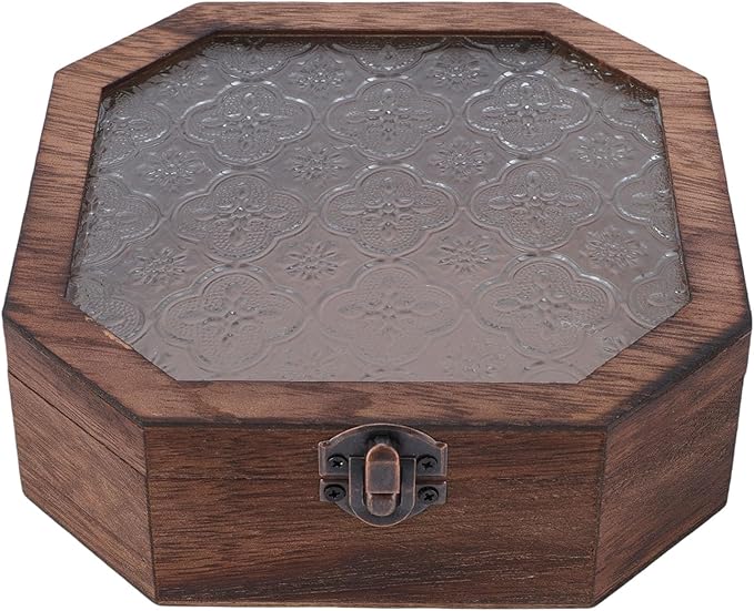 Vintage Floral Wooden Jewelry Box, Elegant Paulownia Wood and Glass Makeup Organizer, Romantic Small Decorative Trinket Keepsake Box for Jewelry Cosmetics Storage