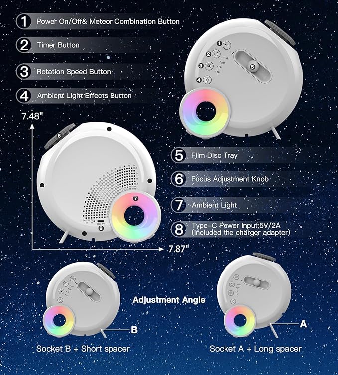 Galaxy Projector for Bedroom,4K Image Planetarium Projector Adjustable Knob,13 in 1 Kids Night Light Projector with Built-in Speaker & White Noise,360° Rotating with Remote Timer (White)