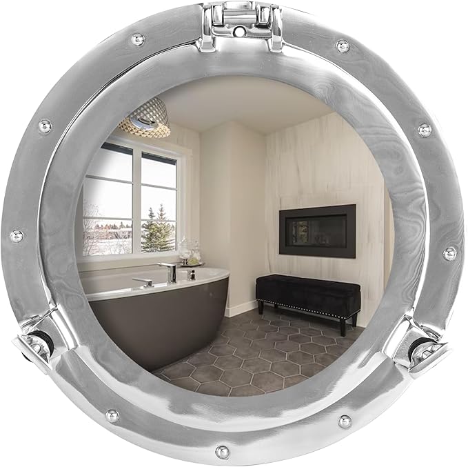 20 Inch Vintage Ship Porthole Mirror - Antique Nickel Silver White Finish Round Wall Mounted Mirror for Bathroom, Nautical, Coastal and Maritime Home Decor