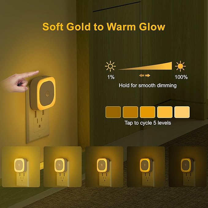 YUNLEX 2 Pack Plug in Night Light with Motion Sensor & Dusk to Dawn Sensor, 3 Sensor Modes, Auto ON/Off, Dimmable Nightlight for Living Room, Hallway, Bathroom, Golden Yellow
