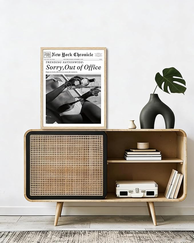 Bwodke OAK Wood Framed Wall Art Sorry Out Of Office Canvas Art News Pictures Wall Decor Vintage Newspaper Prints Trendy Artwork for Girly Dorm Bedroom 16"x20"