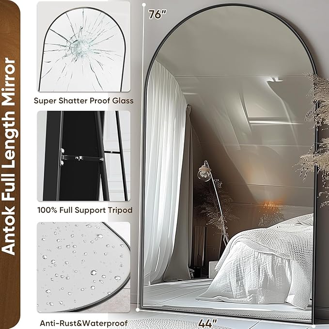 Antok 76" x44” Arched Full Length Floor Mirror, Black Aluminum Frame, Free Standing/Wall Mount/Leaning for Bedroom, Living Room, Dressing Room