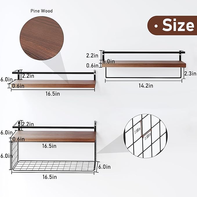 Wood Floating Shelves Wall Mounted - 3+1 Tier Rustic Bathroom Shelves Over Toilet with Wire Storage Basket &Towel Bar, Set of 3 Farmhouse Floating Shelf for Bathroom,Kitchen,Bedroom,Dark Brown.
