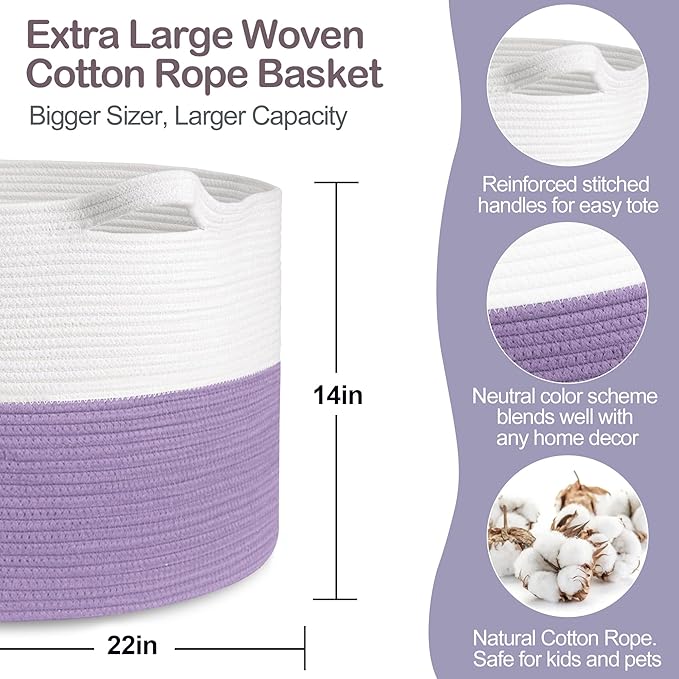 MEGASKET Large Purple Rope Storage Basket, 22x14 Inches Wicker Woven Baskets for Storage, Baby Laundry Hamper, Towel Blanket Toy Bin Organizer, Purple Living Room Decor, Big Basket for Gifts Empty