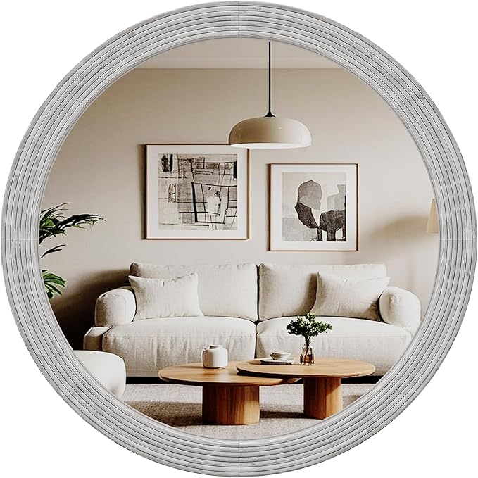 ULIKE Round Rustic Mirror for Bathroom, Farmhouse Mirror with Wood Frame, 30x30 Inch White Vanity Mirrors for Wall Decor of Bedroom or Living Room