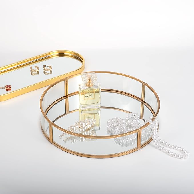 Feyarl Gold Round Clear Glass Mirror Perfume Display Decorative Tray Make up Vanity Jewelry Organizer Tray Ornate Cosmetic Tray for Home Decor Dresser Tabletop Countertop