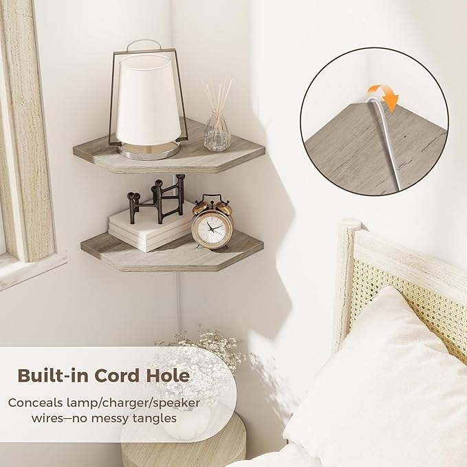 Corner Shelves 2-Pack for Bathroom & Kitchen, Space-Saving Floating Corner Wall Shelf with Easy Installation- Grey