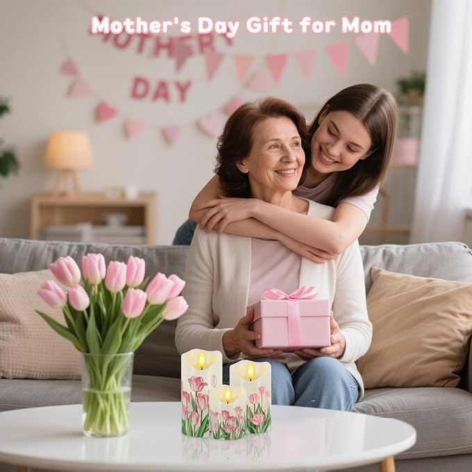Flameless Candles Light, Set of 3 Flickering Tulip Pillar Candles with Remote & Timer, Dimmable Real Wax Electric LED Candles Battery Operated, Birthday Gift Mother's Day Gift for Mom Grandma Women