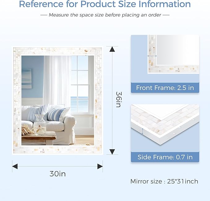 Tanmicoshomy 30 x 36 Inch White Rectangle Wall Mirror, Natural Shell Framed Rectangular Mirrors for Bathroom Bedroom, Living Room, Entryway, Wall Mounted Horizontal or Vertical
