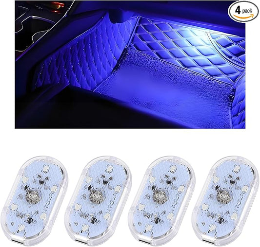 4 PCS Car LED Lights Interior Wireless, Super Bright Auto Interior Ambient Light with 6 Bright LED Lamp Beads, Portable USB Rechargeable Car Led Night Light for Vehicle Decor(Blue)