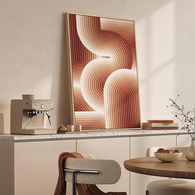 3D Textured Framed Boho Neutral Wall Art, Modern Terracotta Carved Geometric Paintings Artwork for Walls, Minimalist Wavy Line Pictures for Living Room Bedroom Dining Room Hallway Wall Decor 24x36 In