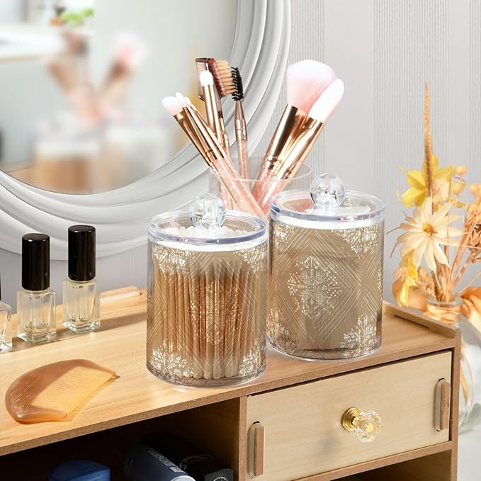 2 Pack Apothecary Jars Snowflake Pattern Design Brown Bathroom Vanity Storage Organizer Set,Small Clear Plastic Storage Jars Bathroom Canister for Cotton Swabs, Rounds, Balls, Qtips,Makeup Spon