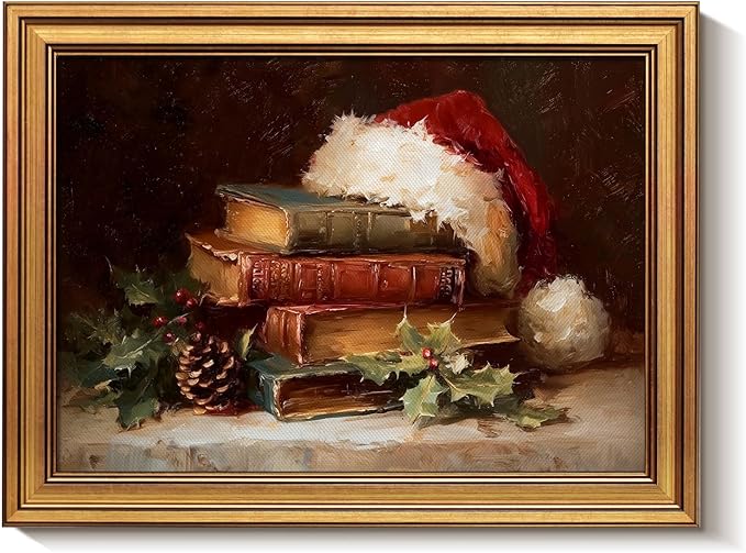 Bzstyleart Vintage Wall Art Decor for Living Room, Vintage Santa Hat Wall Art Christmas, 12 x 16 Inch Christmas Canvas Decorations for Home, Canvas Picture Print