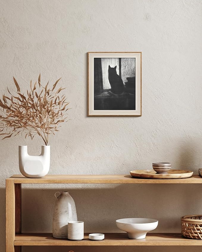 VIYYIEA Framed Wall Art for Living Room, Black Cat Canvas Prints, Vintage Home Decor, Animals Painting Picture, Bathroom Wall Decor Gifts for Friends or Family -【Lonely Cat】-(12L x 10W)