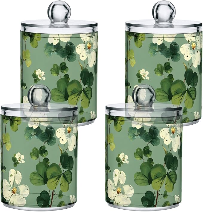 2 Pack Qtip Holder Dispenser for Cotton Ball White Flower Green Leaves Swab Cotton Round Pads Clear Plastic Acrylic Jar Set Bathroom Canister
