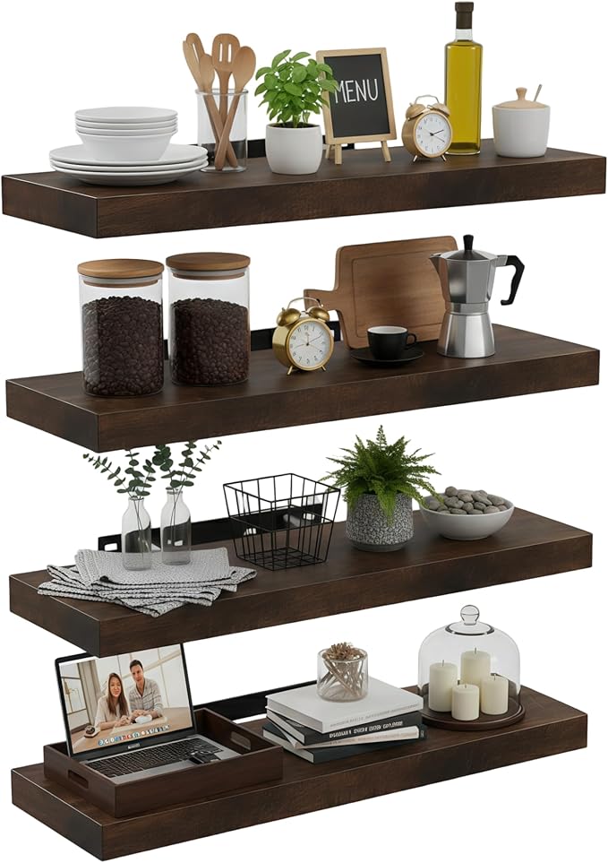 Lufia Floating Wall Shelves, Set of 4, MDF with Invisible Brackets, Modern Storage for Bedroom, Bathroom, Living Room, Kitchen (Rustic Brown, 15.8" W x 5.5" D x 1.2" H)