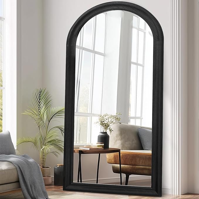 Arched Full Length Mirror 71"x32" - Rustic Black Solid Wood Wall Mirror, Oversized Leaning or Mounted Design for Bedroom, Entryway, Living Room Décor