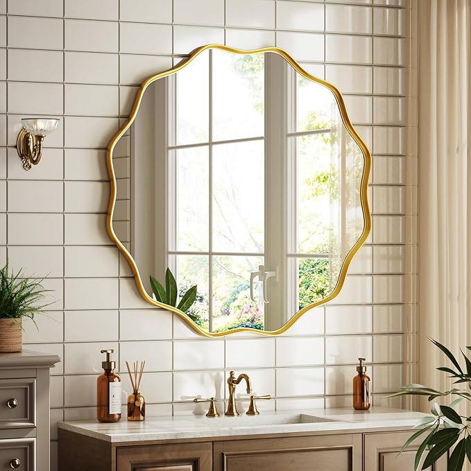 Round Wavy Mirror 36 Inch Bathroom Vanity Mirror Metal Frame Circle Wall Mounted Mirror for Bedroom Living Room Entryway Gold