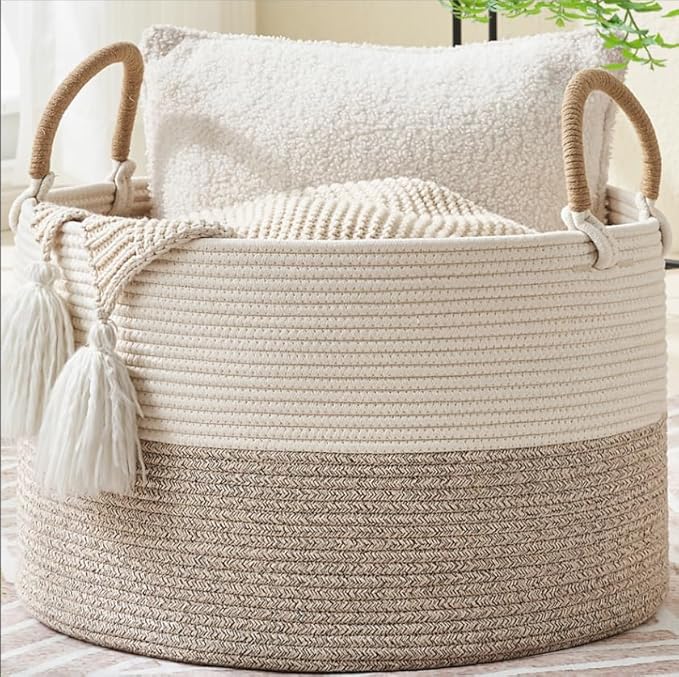 KAKAMAY Large Blanket Basket (18"x18"x16"),Woven Baby Laundry Hamper for Storage, Cotton Rope Blankets Baskets for Nursery, Laundry, Living Room, Pillows, Baby Toy Chest with Handles (Black Stripes)