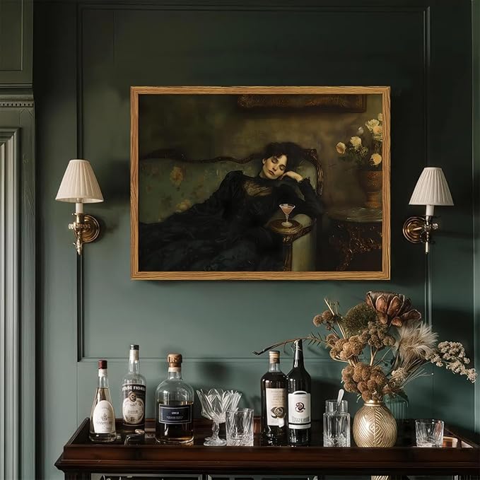Framed Vintage Wall Art, Dark Academia Woman Martini Pictures Wall Decor, Victorian Feminine Lying on Couch Paintings Canvas Prints Moody Home Decor for Living Room Bedroom 12x16 inch