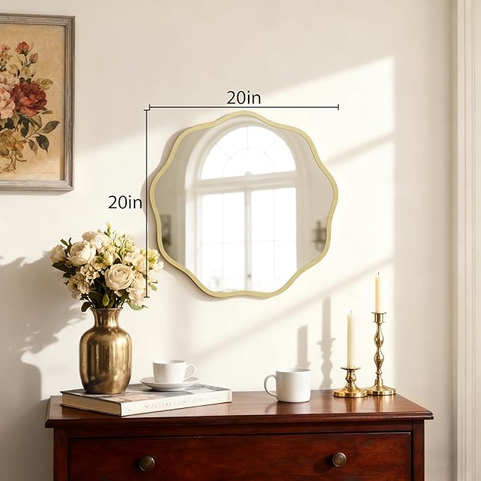 HOMECOOKIN 20 Inch Wavy Round Wall Mirror, Round Wavy Wall Mirror with Aluminum Frame for Bathroom Upgrades, Hotels, Dressing Tables,Farmhouses