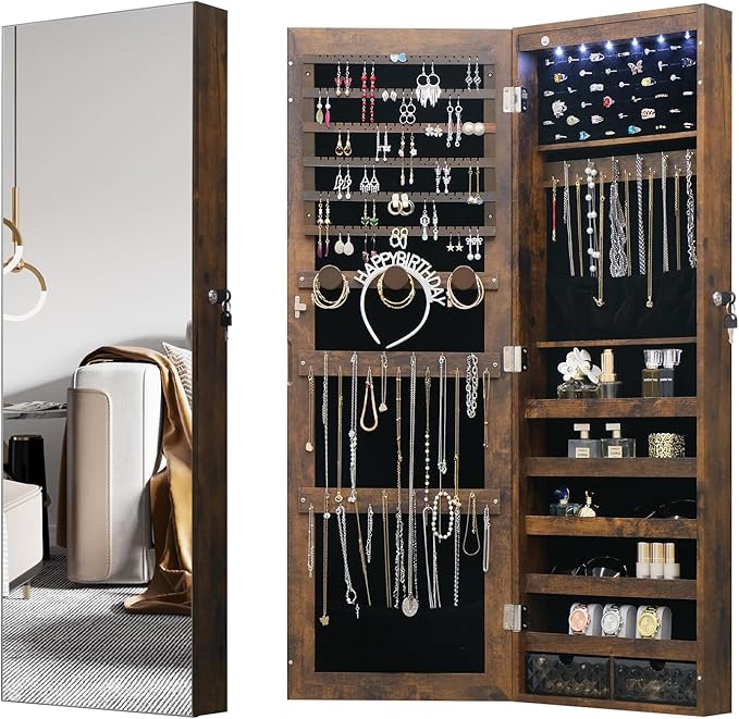 LED Jewelry Cabinet Armoire Organizer,Wall/Door Mount Jewelry Organizer and Storage with Full-Length Mirror Hanging Jewelry Organizer Full Length Mirror with Storage Large Capacity